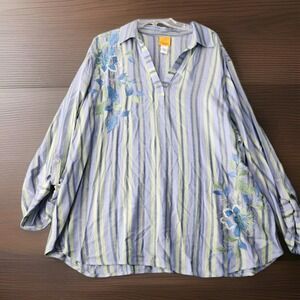 Ruby Rd Woman Blouse 3X  Embroidered Striped Cottagecore Relaxed Tunic Top NWT